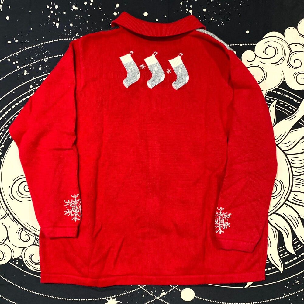 Charter Club Cardigan Sweater Women's 2X Red Knit Ramie Ugly Christmas Patchwork - Picture 3 of 6